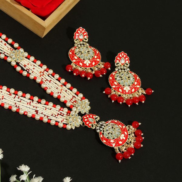 Red Color Kundan Meenakari Necklace Set-3631