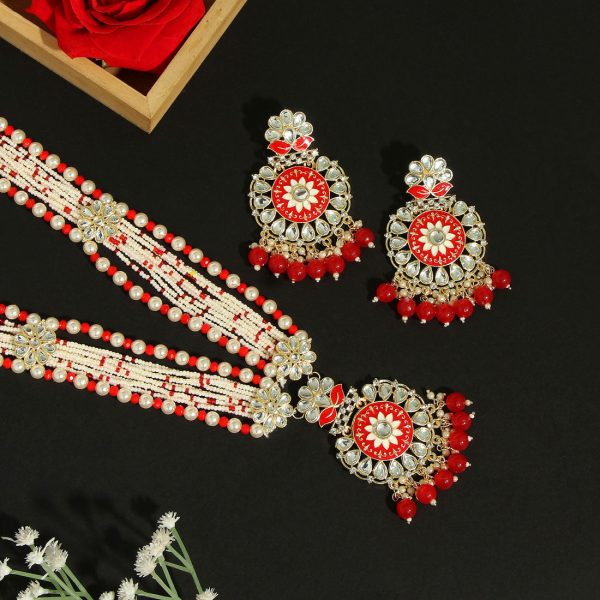 Red Color Kundan Meenakari Necklace Set-3659