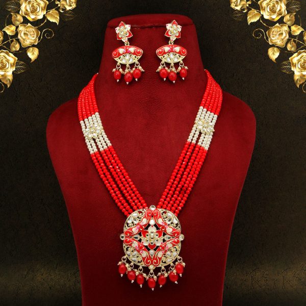 Red Color Kundan Meenakari Necklace Set-3665
