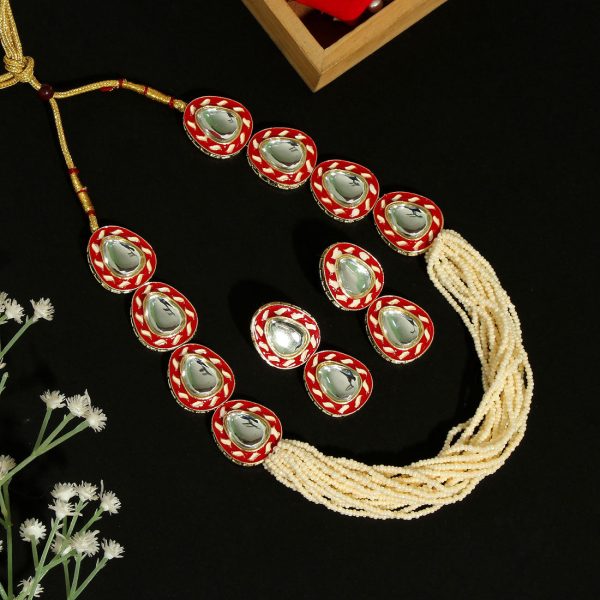 Red Color Kundan Meenakari Necklace Set-3677