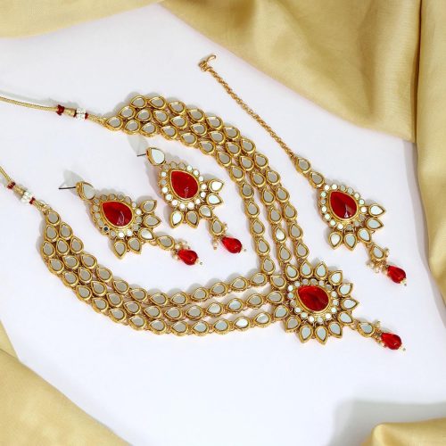 Red Color Kundan Mirror Necklaces Set