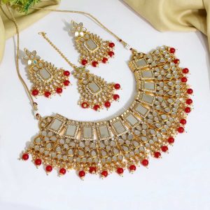 Red Color Kundan Mirror Necklaces Set-0