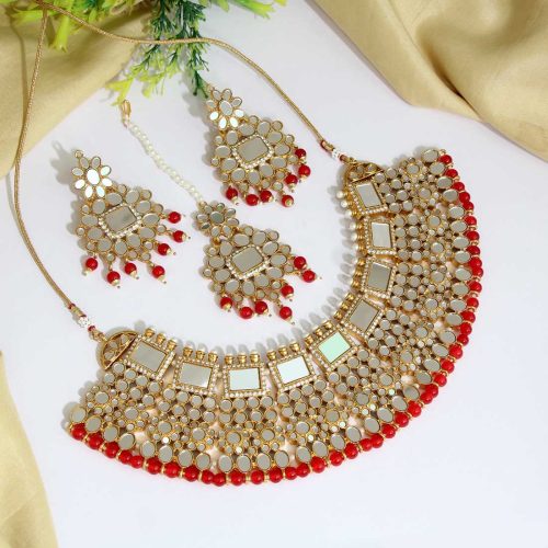 Red Color Kundan Mirror Necklaces Set