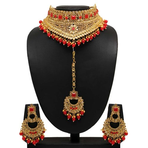Red Color Kundan Polki Choker Necklace Set