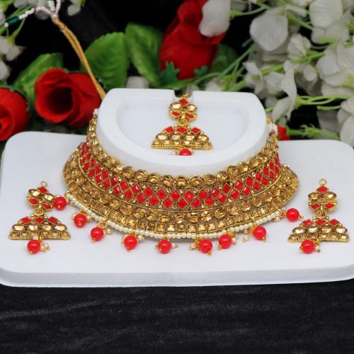 Red Color Kundan Polki Necklace Set