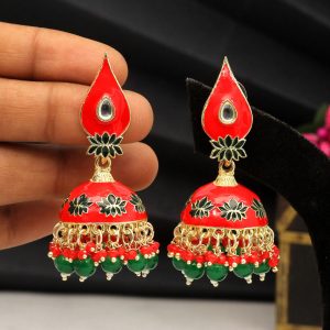 Red Color Meenakari Earrings-0