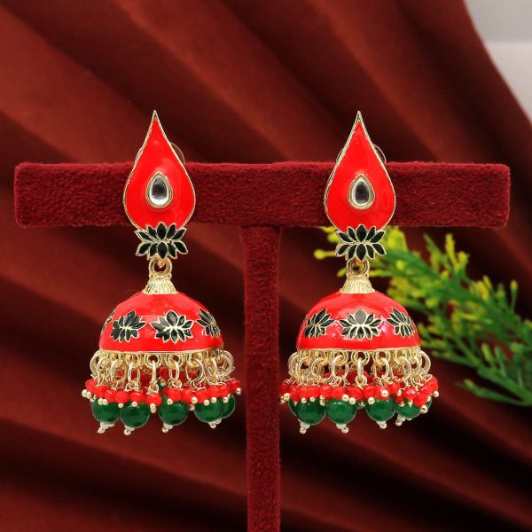 Red Color Meenakari Earrings-3823
