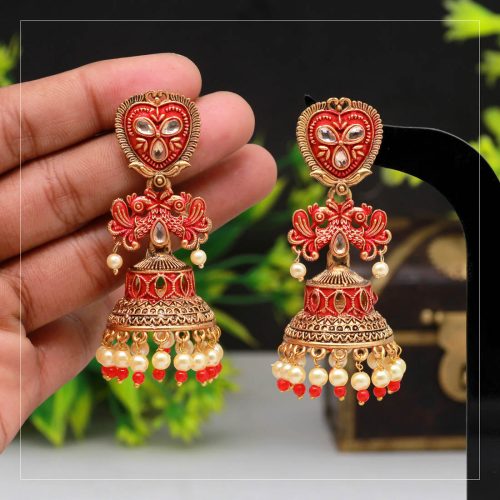 Red Color Mint Meena Earrings