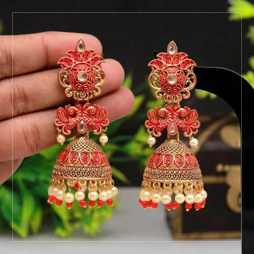 Red Color Mint Meena Earrings