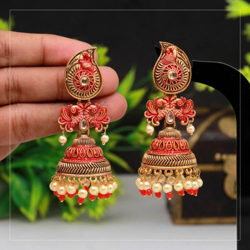 Red Color Mint Meena Earrings