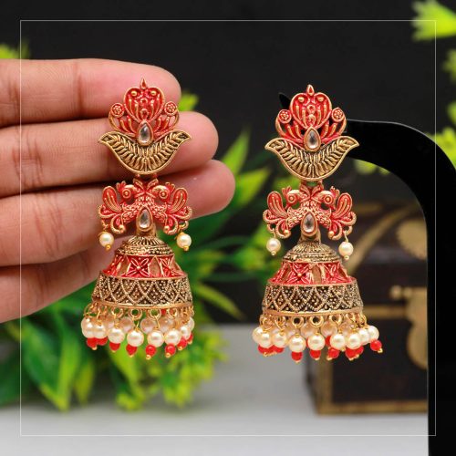 Red Color Mint Meena Earrings