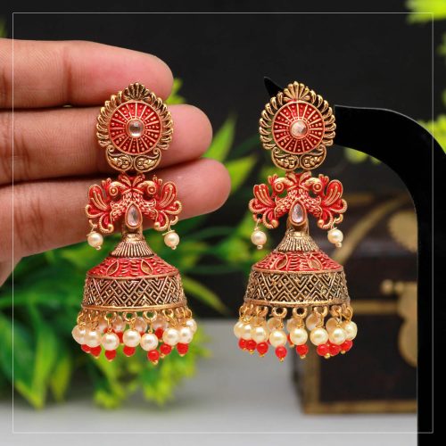 Red Color Mint Meena Earrings