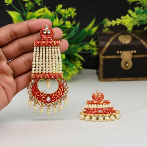 Red Color Mint Meena Earrings