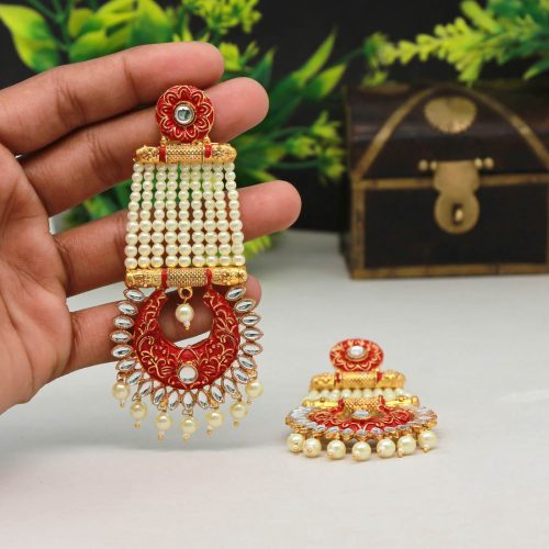 Red Color Mint Meena Earrings