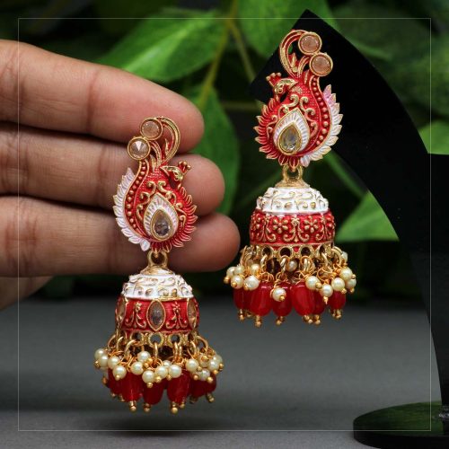 Red Color Mint Meena Earrings