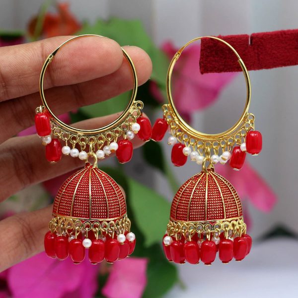 Red Color Mint Meena Earrings-0