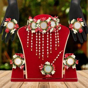 Red Color Mirror Work Synthetic Rose Floral Bridal Set-0