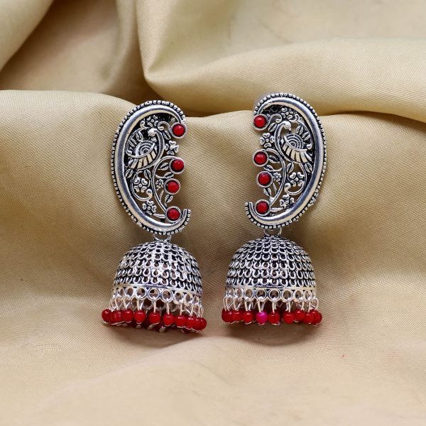 Red Color Oxidised Earrings-12901