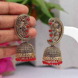 Red Color Oxidised Earrings-0