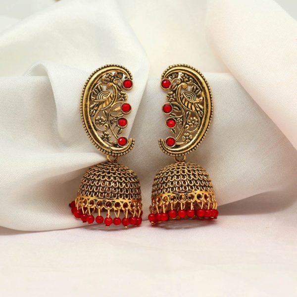 Red Color Oxidised Earrings-12941