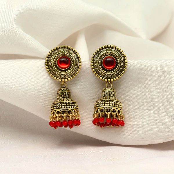 Red Color Oxidised Earrings-0