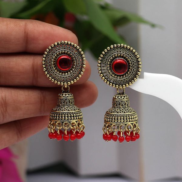 Red Color Oxidised Earrings-12993
