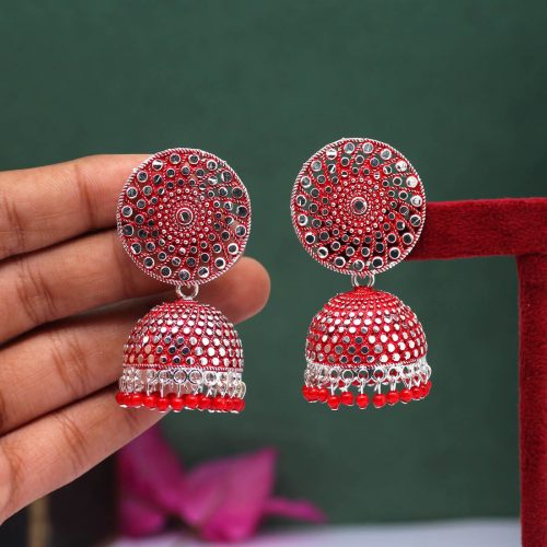 Red Color Oxidised Mint Meena Earrings