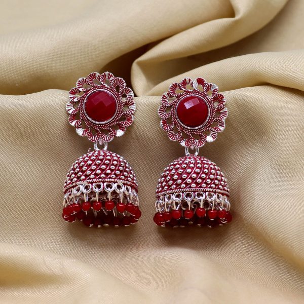 Red Color Oxidised Mint Meena Earrings-0