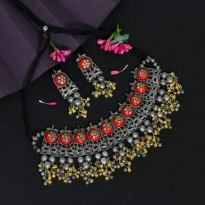 Red Color Oxidised Necklace Set-0