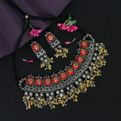 Red Color Oxidised Necklace Set