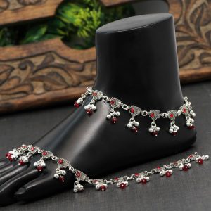 Red Color Rhinestone Anklets-0