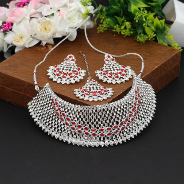 Red Color Stone Choker Necklace Set-0