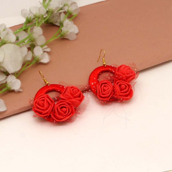 Red Color Thread Floral Earrings-0