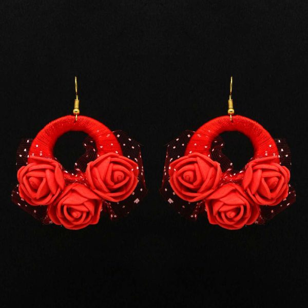 Red Color Thread Floral Earrings-9741