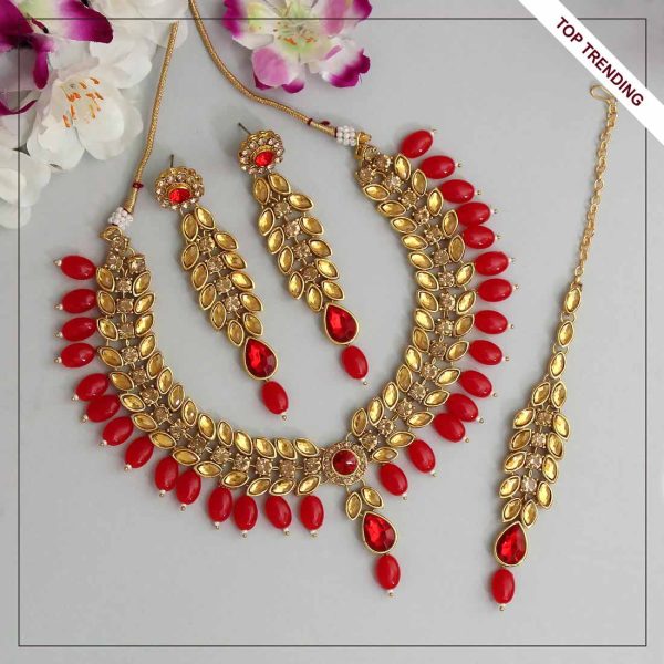 Red & Gold Color Kundan Necklace Set-0