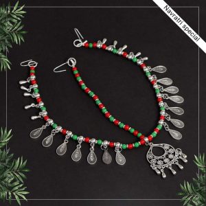 Red & Green Color Color Beads Oxidised Matha Patti-0