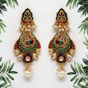 Red & Green Color Kundan Meenakari Earrings-0