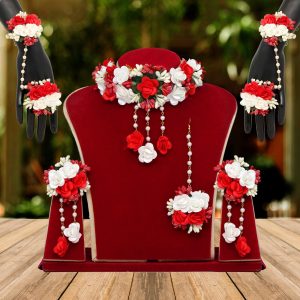 Red & White Color Synthetic Rose Floral Bridal Set-0