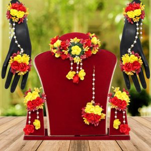 Red & Yellow Color Synthetic Rose Floral Bridal Set-0