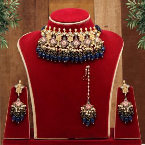 Royal Blue Color Kundan Meenakari Necklace Set-0