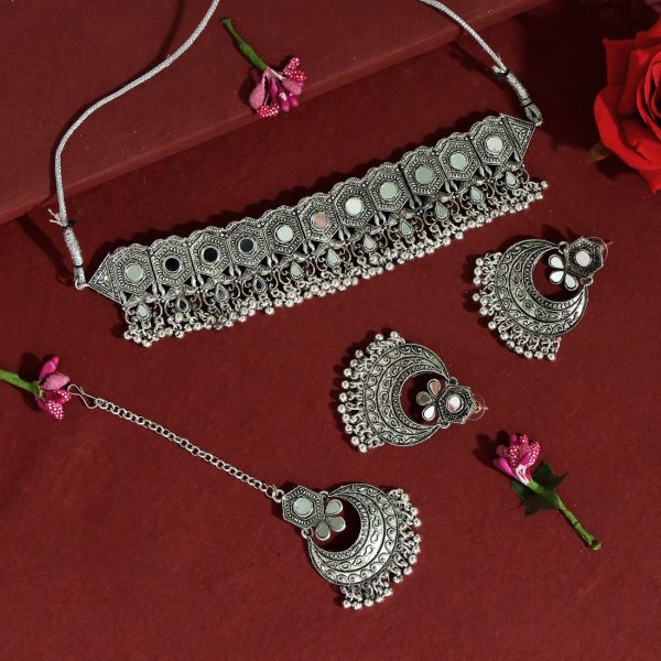 Silver Color Choker Oxidised Mirror Necklace Set-0