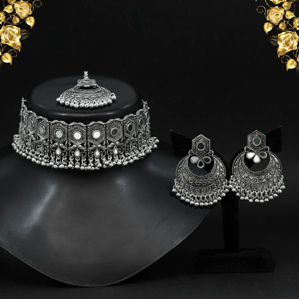 Silver Color Choker Oxidised Mirror Necklace Set-4787