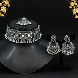 Silver Color Choker Oxidised Mirror Necklace Set-0