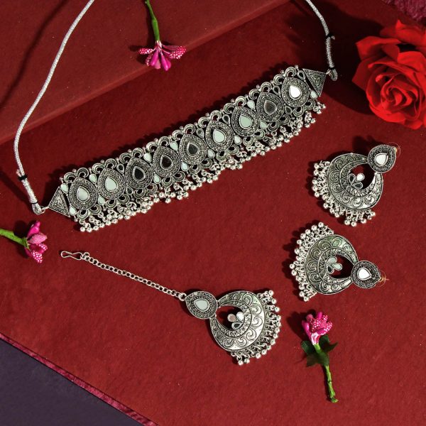 Silver Color Choker Oxidised Mirror Necklace Set-4796