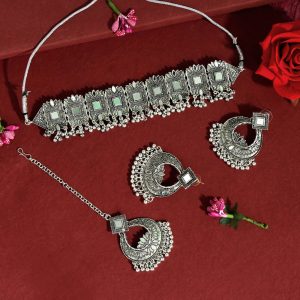 Silver Color Choker Oxidised Mirror Necklace Set-0