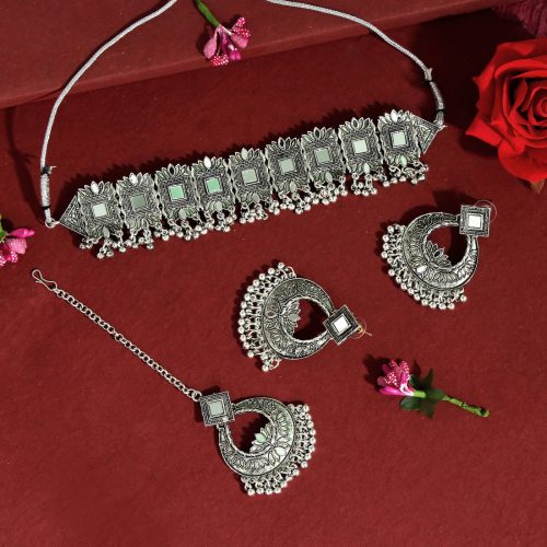 Silver Color Choker Oxidised Mirror Necklace Set