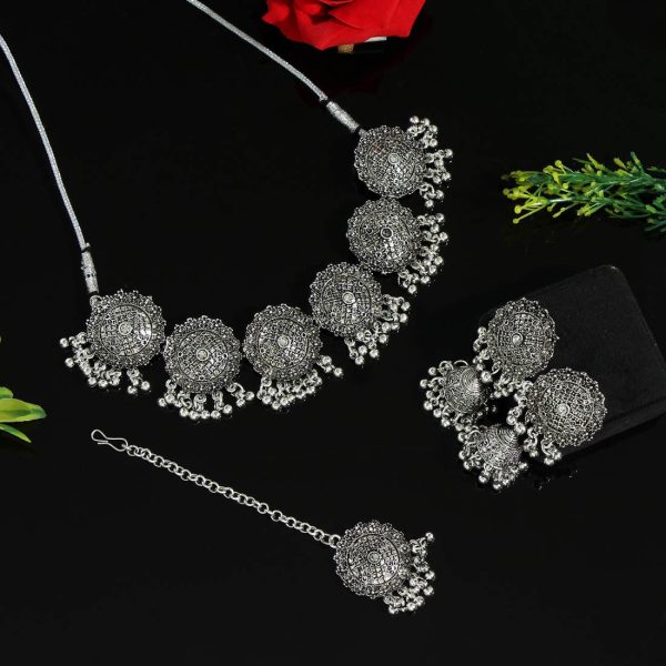 Silver Color Choker Oxidised Necklace Set-4731