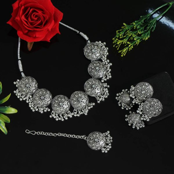 Silver Color Choker Oxidised Necklace Set-0