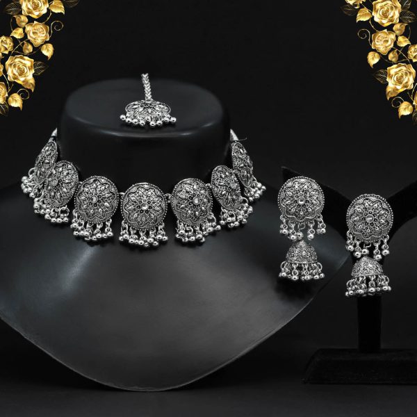 Silver Color Choker Oxidised Necklace Set-4733