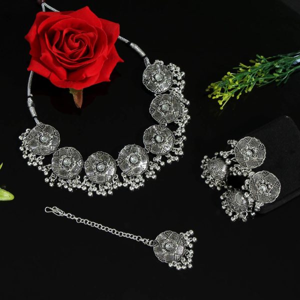 Silver Color Choker Oxidised Necklace Set-4735